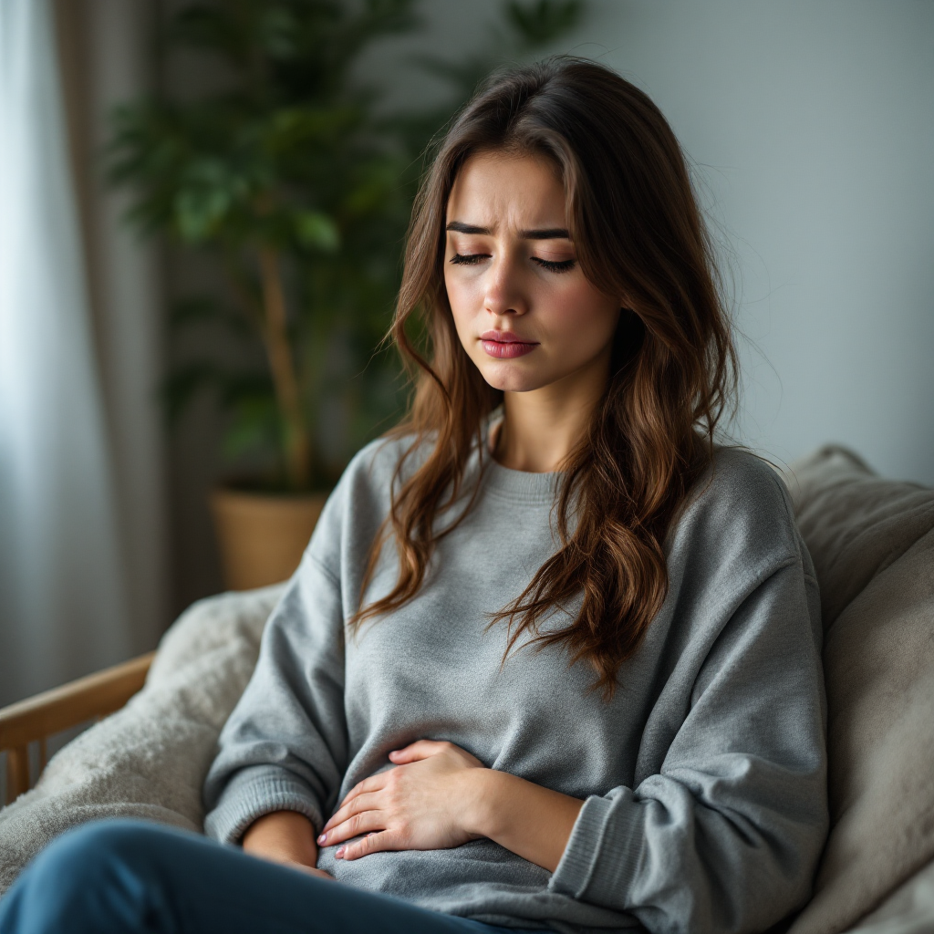 Mulher com cólicas menstruais de endometriose.